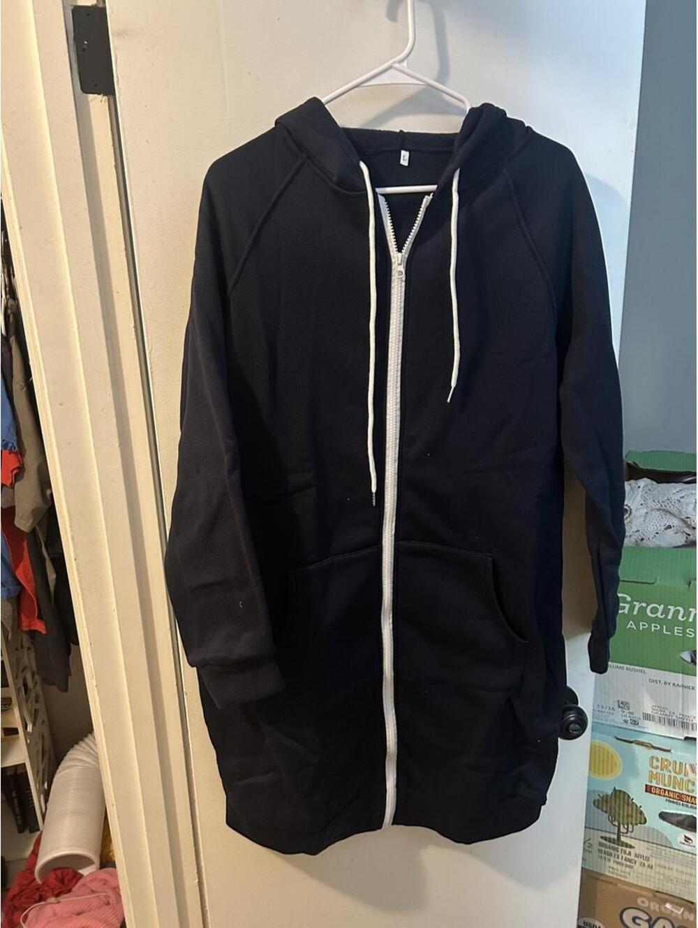 Brand new Longline Black zip up hoodie with white zipper size L